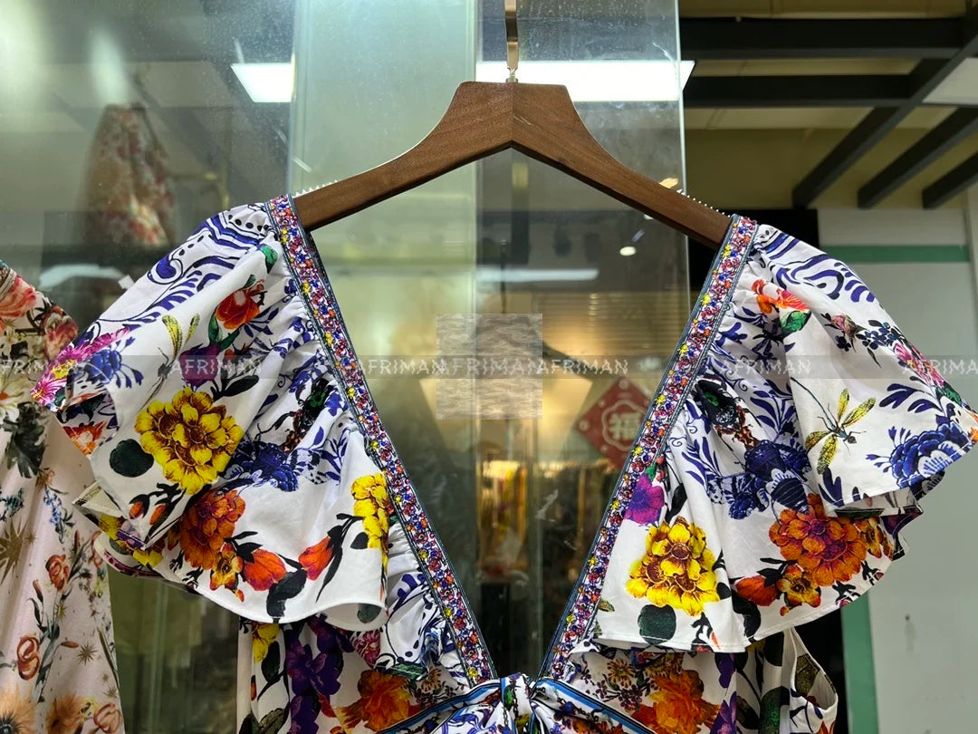 Women V Neck Crystal Beaded Flying Sleeve Retro Flower Print Elastic