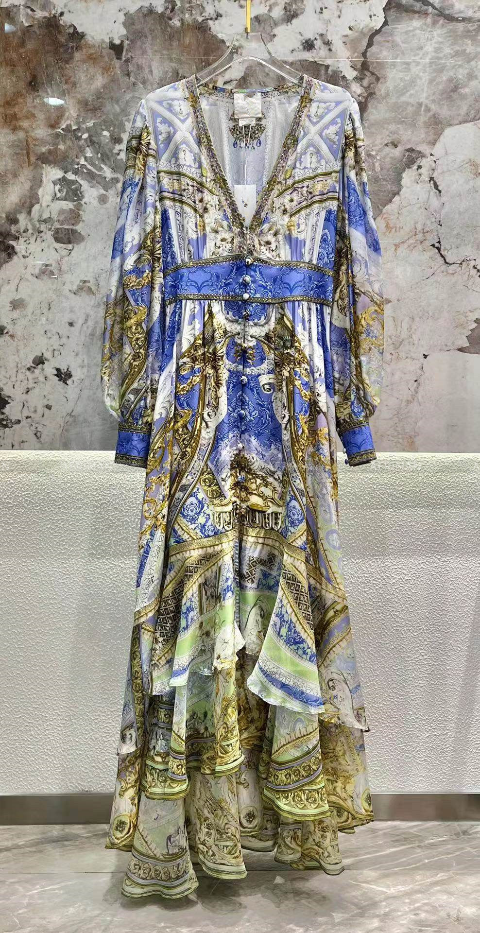 Designer Dress New Bohemian Style V Neck Purple Flower Print Long